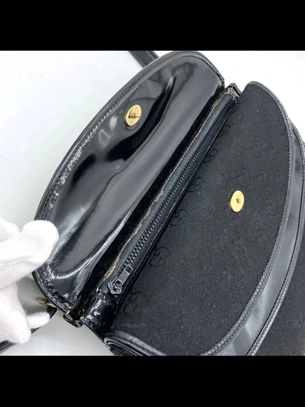 Gucci Black Patent & Velvet Crossbody Bag with Gold GG Accent